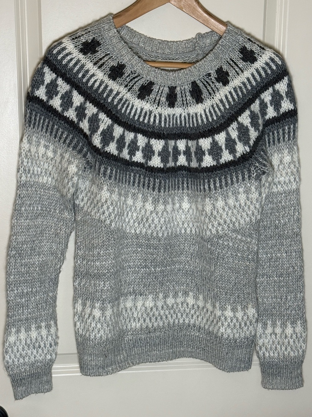 Lucky Brand Bold Fair Isle Knit Crew Neck Pullover Sweater Grey Cream XS Wool